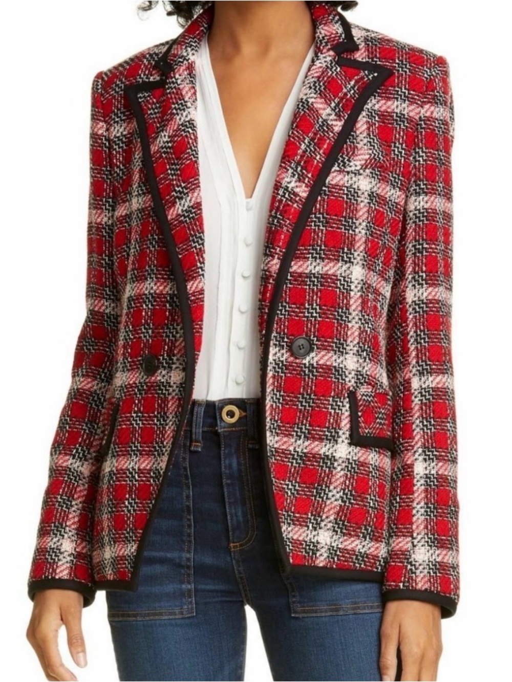 Veronica Beard Harriet Red Plaid Tweed Cutaway Dickey Blazer Jacket Size 14